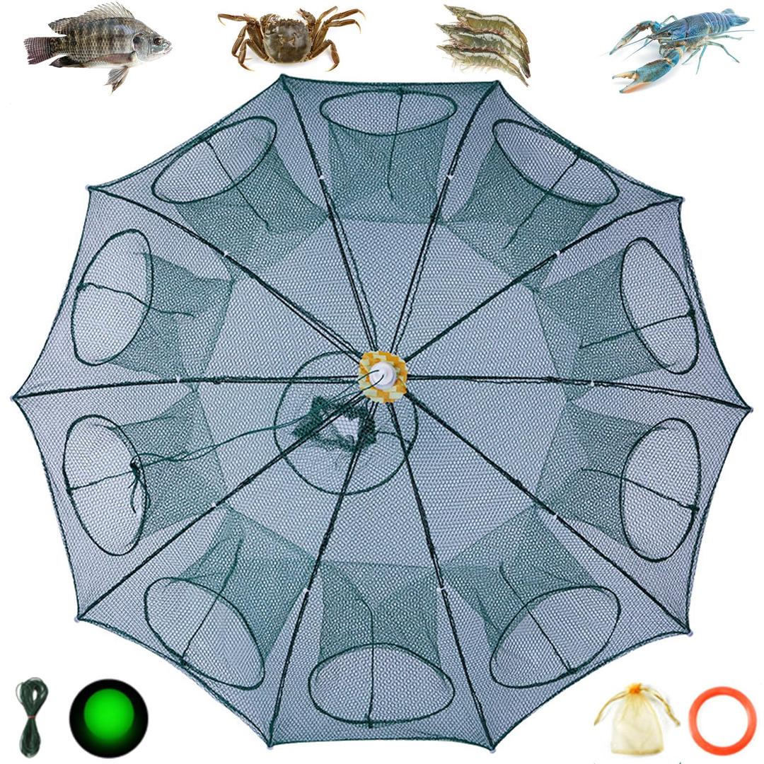 2PCS-16 Holes The Magic Foldable Fishing Trap,Crawfish Trap,Fish Trap,Crab Trap, Foldable Fishing Nets for Fish/Crab/Shrimp/Crawdad,Upgrade Large Space Bait Bag/Rope/Luminous Beads/Pull Ring