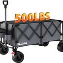 42" L Collapsible Foldable Wagon, 500LB Weight Capacity with 220L Heavy Duty Folding Cart,Utility Wagon with Big All-Terrain Beach Wheel, Drink Holders& 2 Bungee Cords,Gray