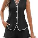 BMJL Womens Linen Two Piece Sets Summer Vacation Outfits Button Down Resort Wear 2025 Shorts Matching Sets (Black, XL)