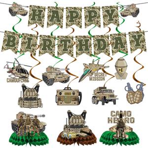 Army Birthday Party Decorations Include Camo Happy Birthday Banners Hanging Swirls Honeycomb Centerpieces Military Birthday Theme Party Supplies