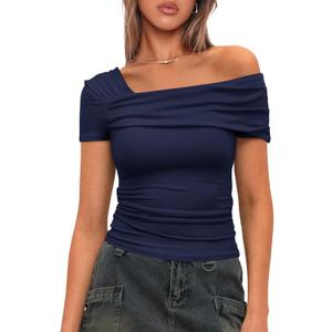 Darong Women's Summer Short Sleeve One Off The Shoulder Top Ruched Going Out Tops Slim Fit Y2K Shirt (Small, Dark Blue)