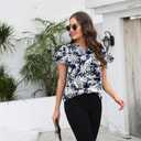 Womens Short Sleeve Chiffon Blouses Dressy Casual V Neck Bow Tie Formal Office Shirts Work Tops (XXL)