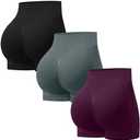 OVESPORT 3 Pack Seamless Women Workout Shorts Scrunch Butt Lifting Gym Booty Biker Shorts L (Black/Dark Grey/Cherry Purple)
