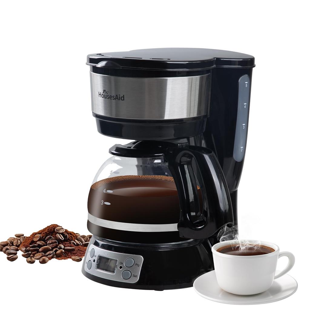 5-Cup Programmable Drip Coffee Maker with Digital Timer, Glass Carafe,24-Hour Auto Brew,2-Hour Auto Shut-Off, Pause & Pour, Removable Filter Basket,Compact Coffee Machine for Home & Office