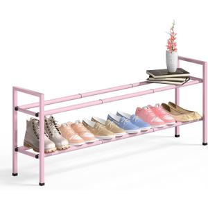 Bumusty 2-Tier Long Expandable Shoe Rack for Closet, 18"-44" Adjustable Shoe Rack for Entryway, 10-12 Pairs Large Shoe Organizer Shelf Storage, Sturdy Metal, Pink