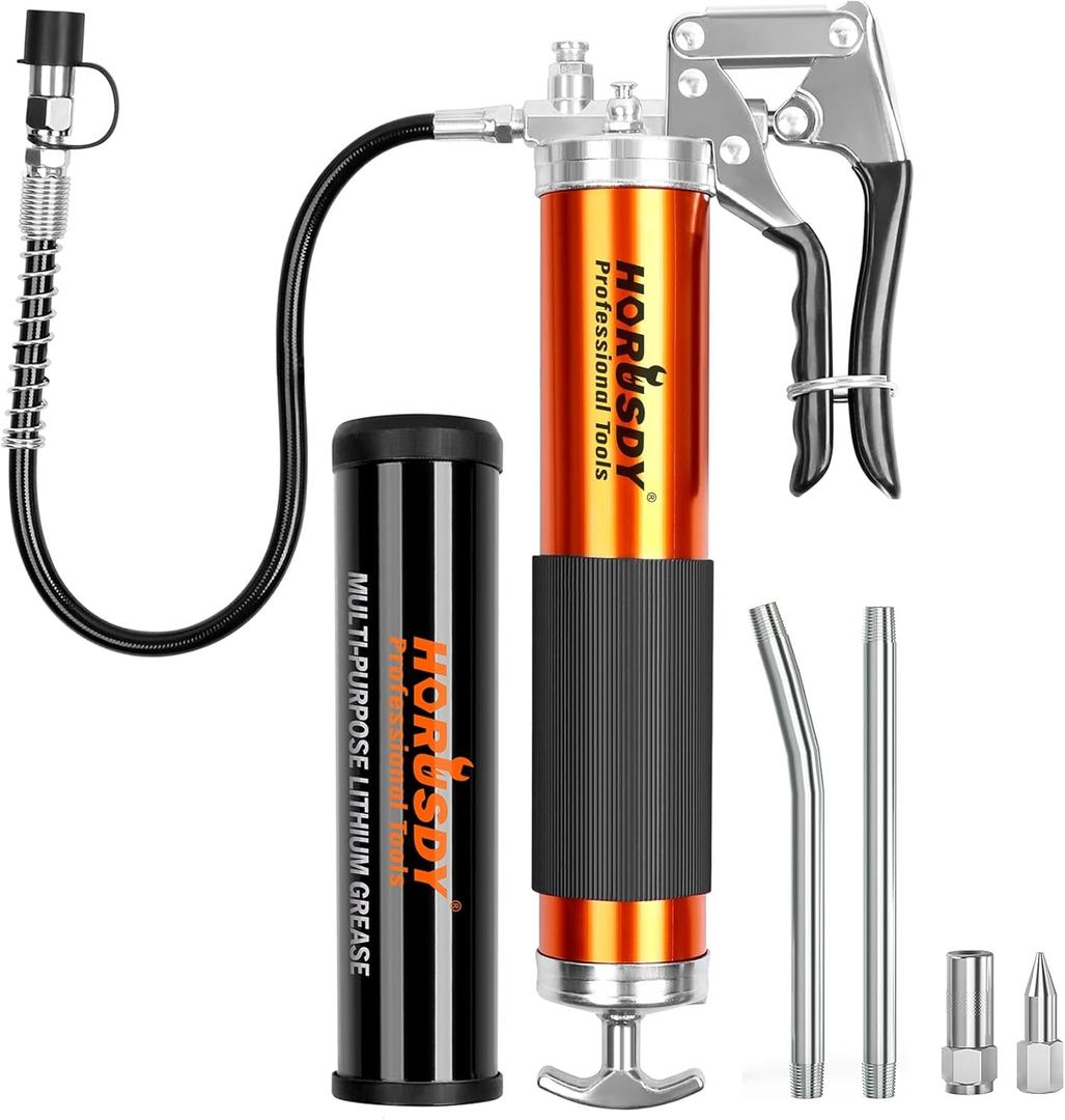 HORUSDY Heavy Duty Grease Gun with 14oz Grease Tubes | Grease Gun Flexible Hose | 7000 PSI | 18 Inch Spring Flex Hose | 2 Working Coupler | 2 Extension Rigid and 1 Sharp Type Nozzle Included