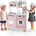 HONEY JOY Play Kitchen, Large Little Chef Wooden Toy Kitchen Set for Toddlers & Coffee Maker, Microwave, Washing Machine, Sink, Cookware, Pretend Play Kids Kitchen Playset, Gift for Boys Girls (Pink)