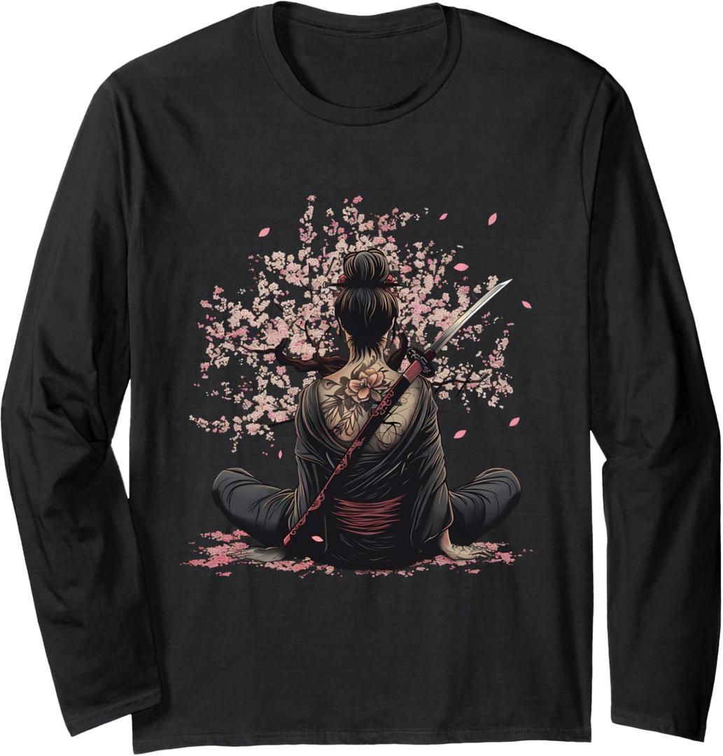 Japanese Geisha Sakura Cherry Blossom Japanese Samurai Girl Long Sleeve T-Shirt, S