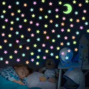 Glow in The Dark Stars and Moon for Ceiling - 200 Pcs Colorful 3D Glowing Stars for Kids Room Decor - Luminous Stickers Create a Realistic Starry Sky Ceiling Decor (Six Colors)