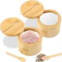 2Pcs Bamboo Salt Cellar with Magnetic Swivel Lid & Spoon, 6 oz Spice Bowl Bamboo Storage Box Salt Container to Store Pepper, Table Salt, Gourmet Salts, Spice, Sugar(SIZE:6 oz)