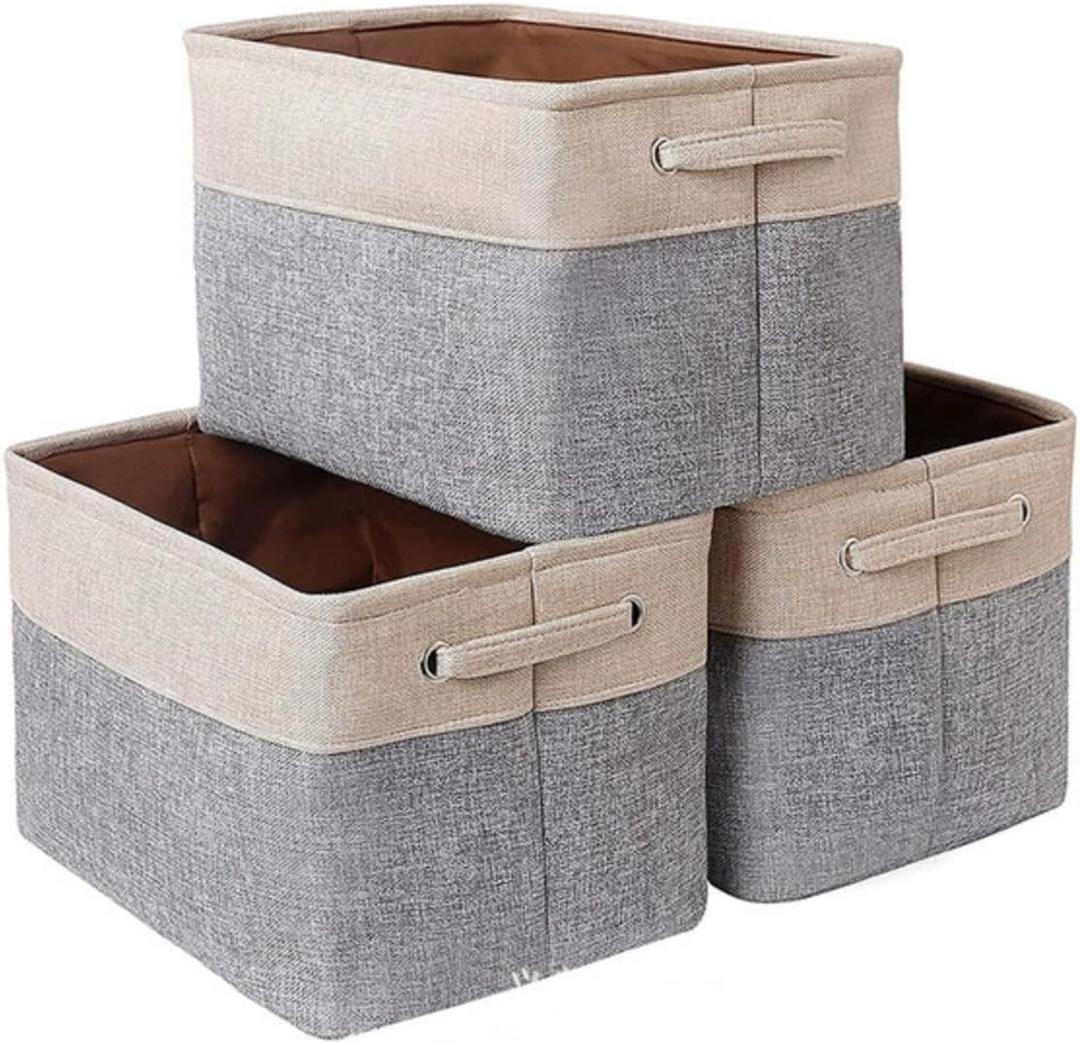 Valcatch Collapsible Storage Bins, Foldable Cotton Linen Fabric Storage Basket Box with Handles Cube Storage Bins Without Lid for Organizing Towels Blankets Collapsible (Black Border and Gray Background), 4 Pack
