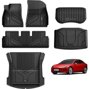 3W Tesla Model 3 Floor Mats and Trunk Mat, All-Weather TPE Floor Liner Compatible for Tesla Model 3 2021-2023, Full Set Black Floor Mats and Cargo Liner Mat Custom Fit