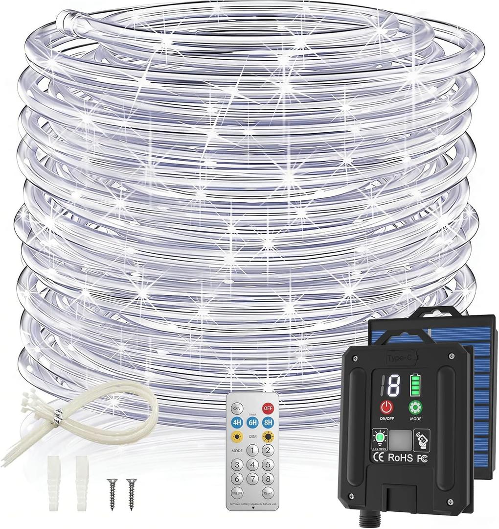ICRGB Solar Rope Lights, 66FT 200LED 1800mAh Outdoor Waterproof Solar Lights with Remote, IP67 String Light with Timing & 8 Modes for Garden Tree Pathway Yard Pool RV Christmas Decor, White