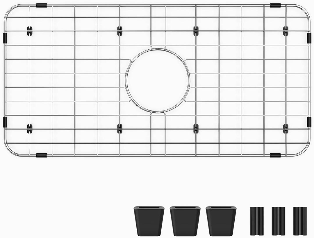 Sink Bottom Grid 24-1/8" x 12-5/8", Centered Drain with Corner Radius 1-1/2", Sink Protector with Rear Drain for Single Sink Bowl (24.1"W x 12.6"D x 1"H)