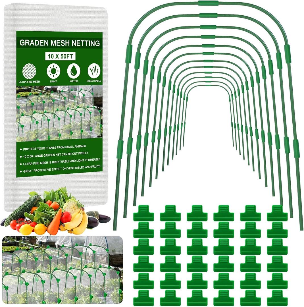 10 x 50ft Garden Netting Kit with 12 Hoops & 36 Clips, Ultra-fine Mesh Grow Tunnel for Raised Bed Vegetable Protection, Durable Pest Barrier for Garden Plants