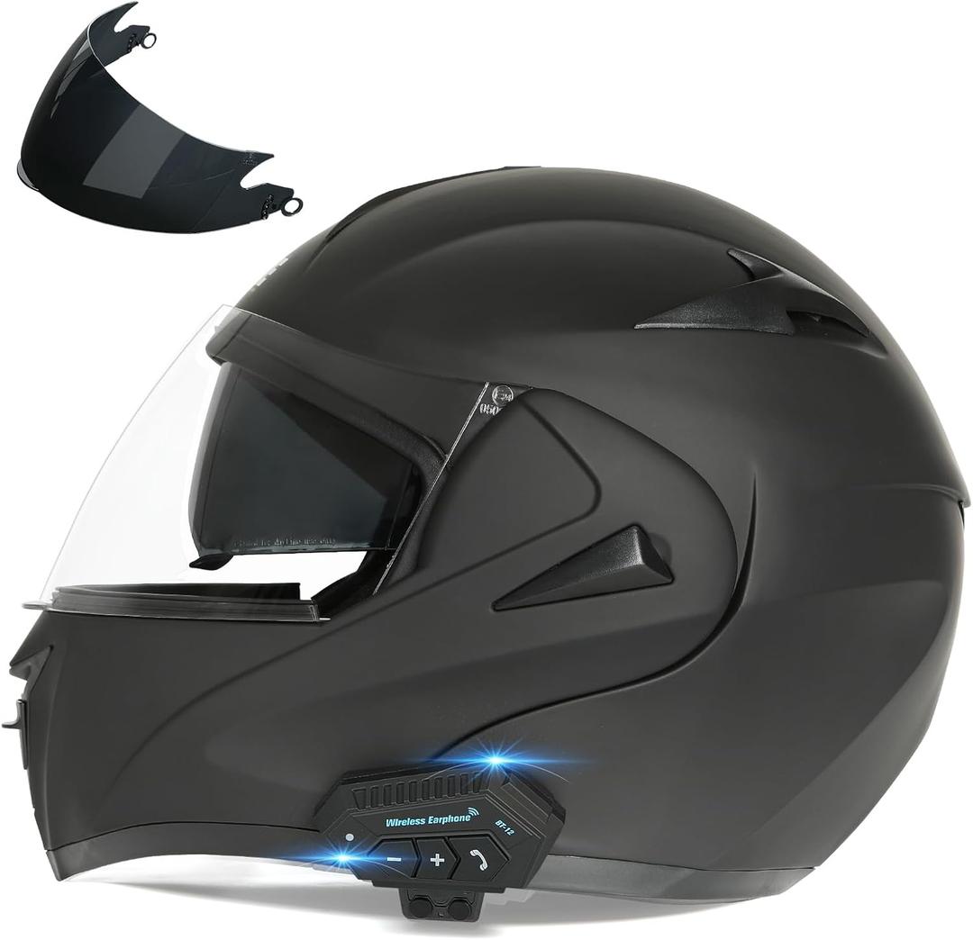 Motorcycle Bluetooth Modular Helmet, DOT Approved Dual Visor Full Face Flip up Bluetooth Integrated Motorcycle Helmets for Adults Men Women (Small, Matte Black)