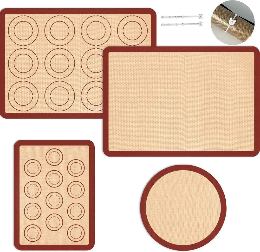 Silicone Baking Mat Set of 4, Nonstick Reusable Macaron Silicone Baking Mat & Round Pizza Mat, Cookie Baking Supplies for Macaroons, Pastry, Pizza, Red