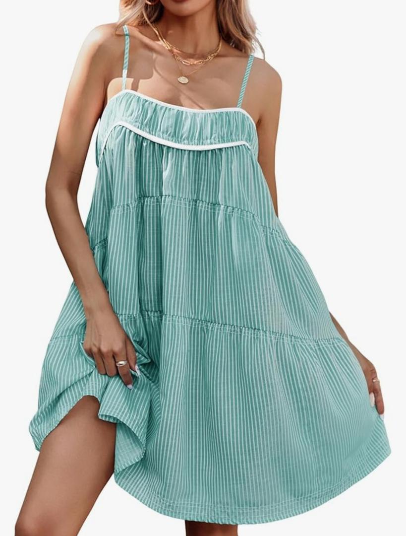 Wenrine Womens Striped Mini Dress Oversized Spaghetti Strap Casual Sleeveless Ruffle Tiered Beach A Line Dress M Green