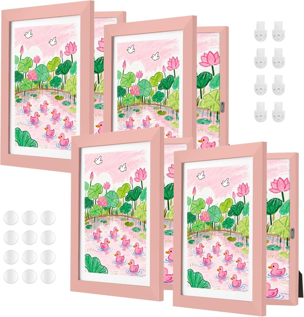 4 Pack Pink Kids Art Frame, 8.5x11 Front Opening Wood Kid Artwork Frames Changeable, Wall-mounted or Standing Children Art Frame with Mat, Holds 150 Pcs, Drawing Display Storage Frames