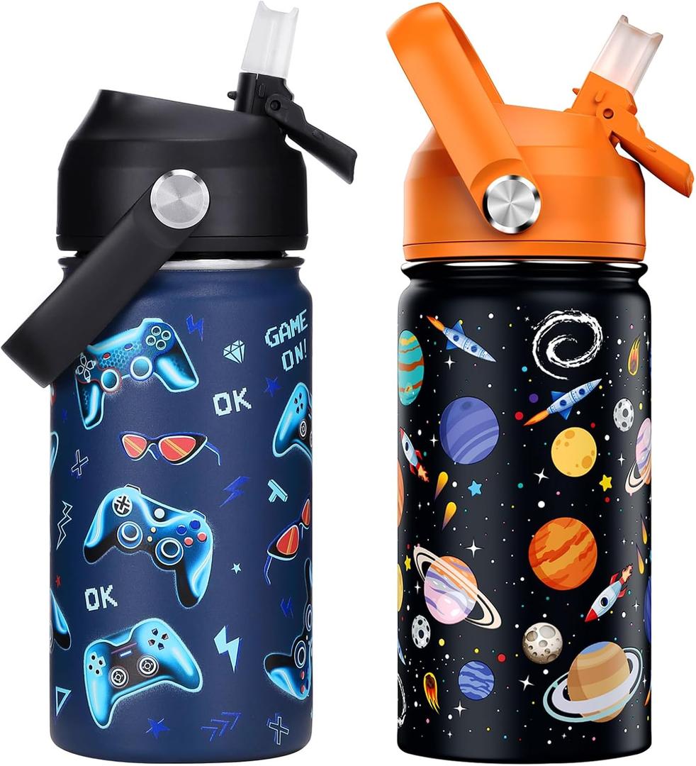 14oz Kids Insulated Water Bottle with Straw Lid - 18/8 Stainless Steel Kid Cup Travel Tumbler Double Wall Vacuum Leak Proof Portable Toddler Water Bottle (Game + Space) (14 Ounces)