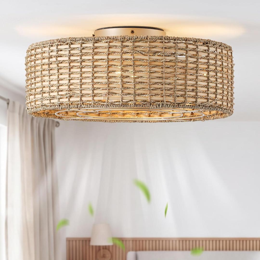 20" Boho Fandelier Ceiling Fans with Lights, Rattan Caged Low Profile Ceiling Fan with Lights and Remote Control, 6 Speeds for Bedroom, Living Room, Nursery