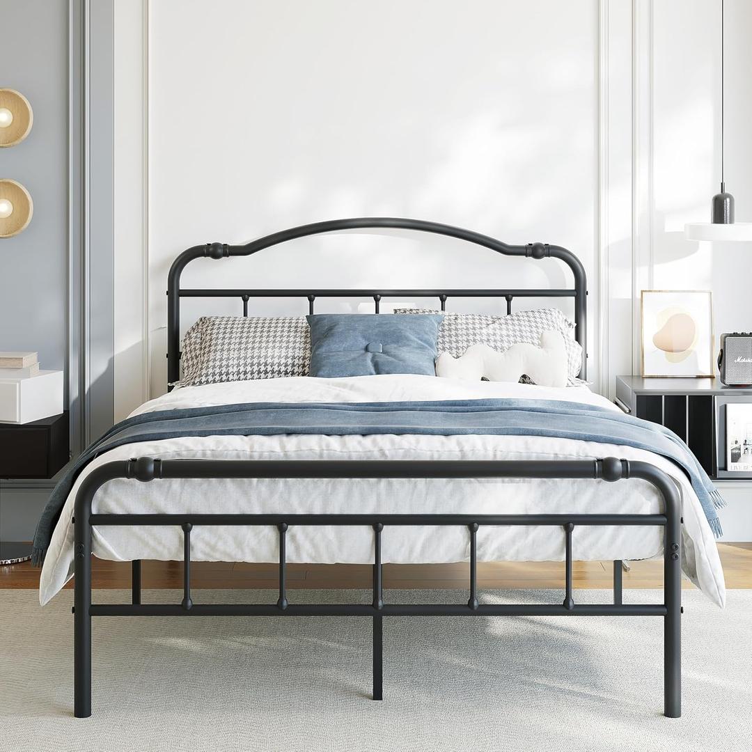 BOSRII 18 Inch Full Size Metal Bed Frame with Headboard and Footboard Heavy Duty Platform Bed Vintage Iron Wrought Frames Steel Slats, Easy Assembly, No Box Spring Needed, Noise Free, Black