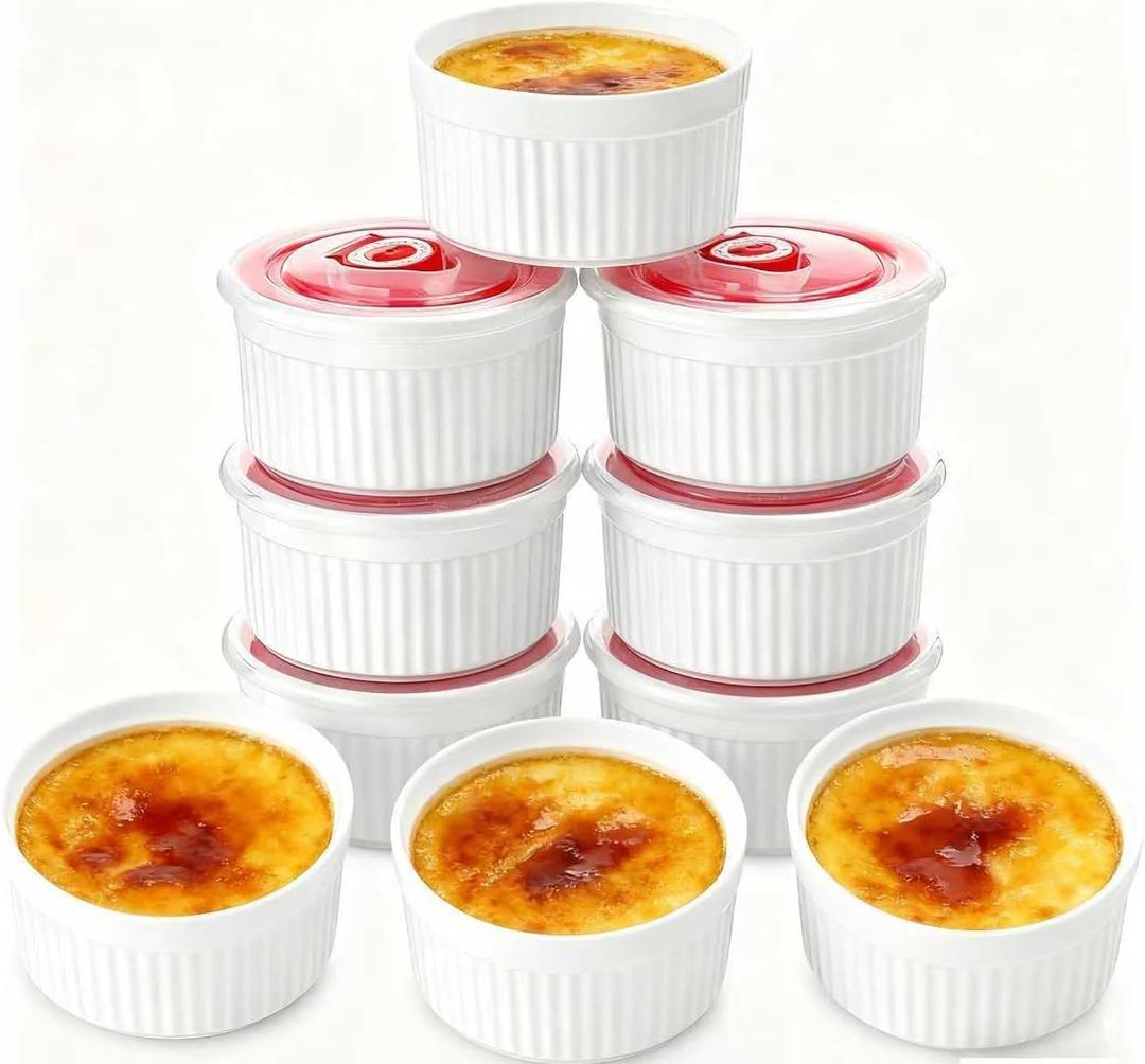 Mfacoy Ramekins with Lids Set of 6, 8 oz Porcelain Creme Brulee Souffle Ramekins with Covers, White Pudding Custard Cups Ramiken for Baking, Small Bowls for Sauces Dessert, Dishwasher and Oven Safe