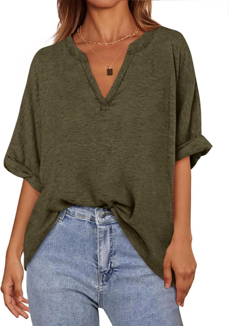 MASCOMODA Oversized T Shirts for Women V Neck Short Sleeve Casual Tops Summer Trendy Basic Tunic Loose Fit Tee Shirt (Green, M)