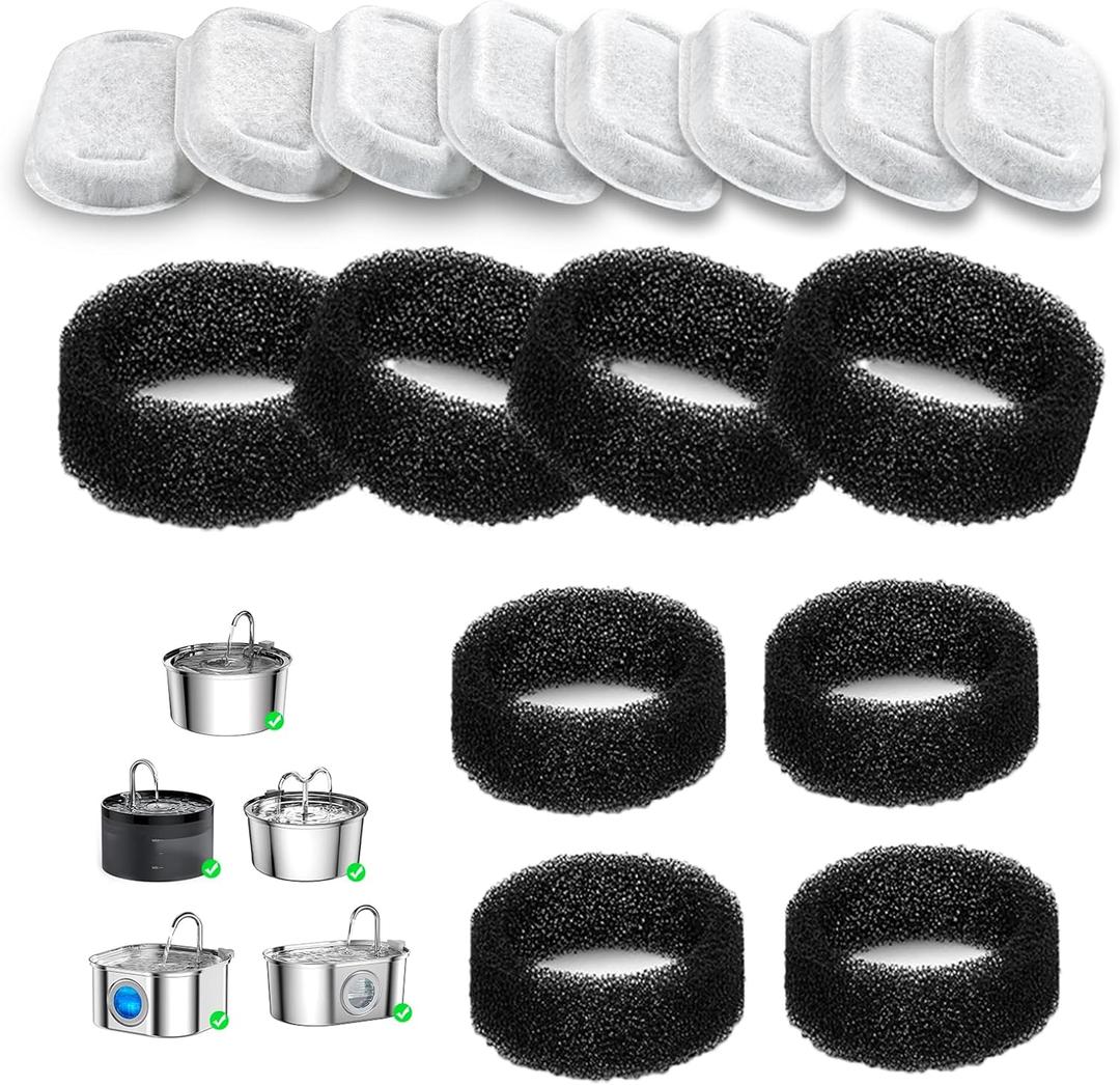 Cat Water Fountain Filters (8+8 Pack, NOT for Wireless Fountains), for 3.2L/108oz Stainless Steel and Bento Cat Water Dispenser, Carbon Filters & Pre-Filter Sponges