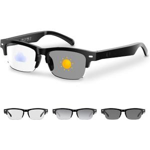 Smart Glasses for Women Men, Anti-blue Light Photochromic Lenses, Open-ear Half-frame Design, 26.1g Lightweight Music Eyeglasses, Bluetooth Sunglasses with Speakers for Travel Sports Business (YX01-Standard Smart Glasses-black)
