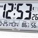 WallarGe Atomic Wall Clock with Backlight, Digital Wall Clock Battery Operated for Classroom, Bedroom, Office, Large Display with Indoor Temperature, Humidity, Date, AUTO DST, 6 Time Zones (Silver)