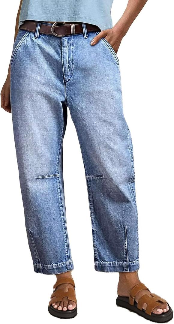 Flamingals Straight Leg Jeans for Women Mid Rise Barrel Cropped Casual Wash Stitch Detail Denim Jeans Without Belt (Large, Light Blue)