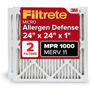 Filtrete 24x24x1 AC Furnace Air Filter, MERV 11, MPR 1000, Micro Allergen Defense, 3-Month Pleated 1-Inch Electrostatic Air Cleaning Filter, 2 Pack (Actual Size 23.81 x 23.81 x 0.81 in)