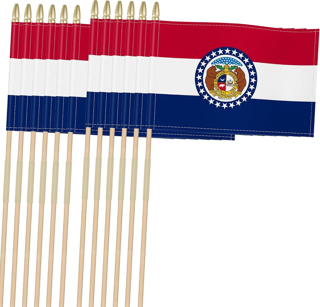 Heavy Duty 12 Pack 8x12 Inch Missouri Flags on Stick 35 Tall Yard Missouri Stick Flags Durable Break-Resistant 5/16 Birch Pole 300D Oxford Fabric Missouri Statehood Day St. Louis Heritage Day Driveway & Garden Decorations