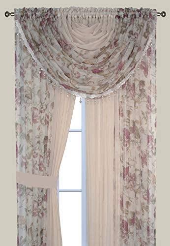 Sapphire Home Sheer Curtains - Two Tone 4 Panels Set w/Valance & Tiebacks, 55"x63", Lightweight Light-Filtering Window Curtain for Living Room, Bedroom, Kitchen, Dining Room - Floral Rose/Beige