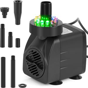 256GPH Submersible Pond Fountain Pump with LED Light, 15W 7.2ft Water Pump,Aquarium Pump with 3 Nozzles,Fountains Pump for Small Ponds,Garden, Aquariums, Fish Tanks, Indoor Outdoor Fountain Black