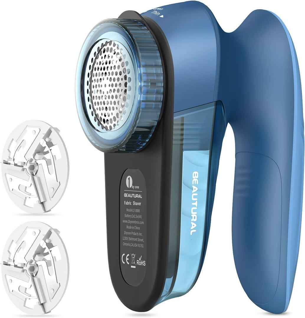 BEAUTURAL Fabric Shaver and Lint Remover, Sweater Defuzzer with 2-Speeds, 2 Replaceable Stainless Steel Blades, Battery Operated, Remove Clothes Fuzz, Lint Balls, Pills, Bobbles (Tufts Blue)