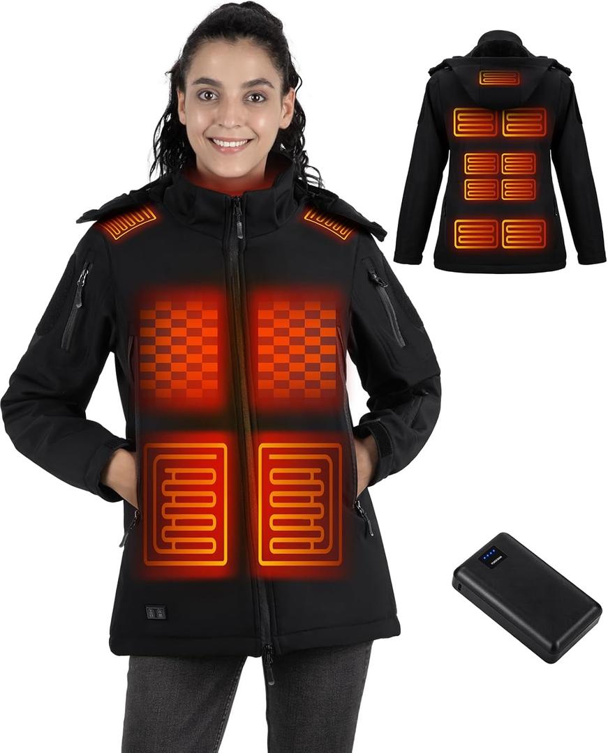 Heated Jacket for Women, Winter Outdoor Soft Shell Electric Heating Coat with Detachable Hood