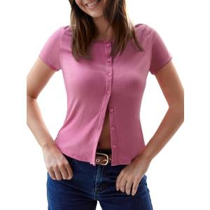 ZAFUL Women's Short Sleeve Shirt Crew Neck Button Down Cardigan T-Shirt Slim Fit Y2K Going Out Casual Fashion Tops