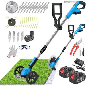 Cordless Weed Wacker Eater Battery Powered, 21V Lightweight Electric Weed Trimmer with 2 Battery Operated & Charger& Wheels & Shears, No-String Grass Trimmer/Brush Cutter/Lawn Edger for Yard Garden