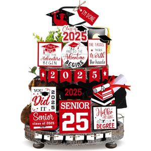 22 Pcs 2025 Graduation Tiered Tray Signs Sets Farmhouse Wooden Class of 2025 Graduation Signs for Home Party Tiered Tray Table Office Desk(Red)