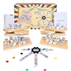 Mexican Train Dominoes Set Double 15, Dominoes Set for Adults and Family, Colored Dot - 136 Tiles in Tin Box, 9 Trains, Hub, 8PCS Wooden Trays