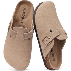 ODOLY Genuine Suede Clogs for Women Men Soft Cork Footbed Leather Mules Comfort Potato Shoes with Arch Support, Taupe 46