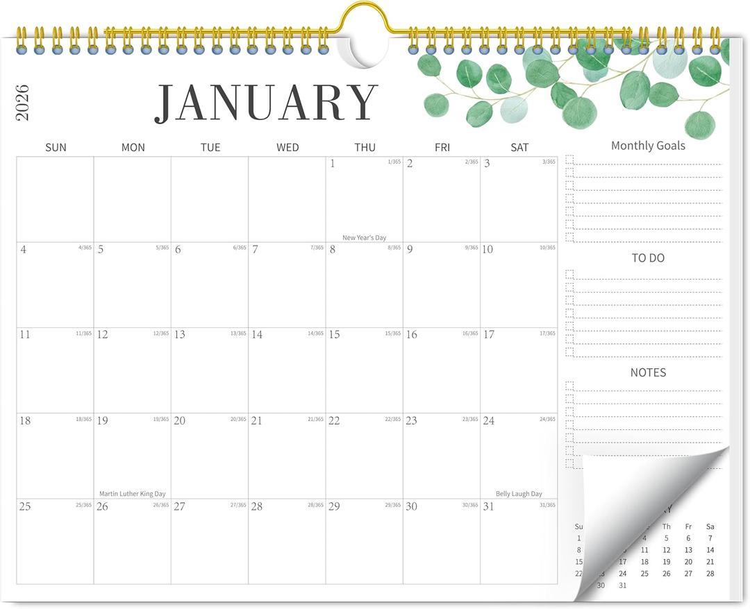 Aesthetic Wall Calendar 2025-2026, 17 Monthly Horizontal Hanging Calendar with Julian Dates from August 2025 to December 2026, 14.5" x 11.5" Minimalist Modern & Simple Paper Wall Calendar for School, Home, Office (Green)