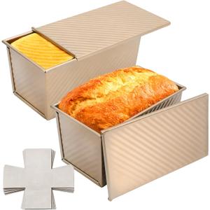 2 Pcs 450g Loaf Pan With Lid and 50 PCS Release Paper, Non-stick Aluminium Alloy Bread Moulds, Suitable for Home Baking, Restaurants and Baking Enthusiasts
