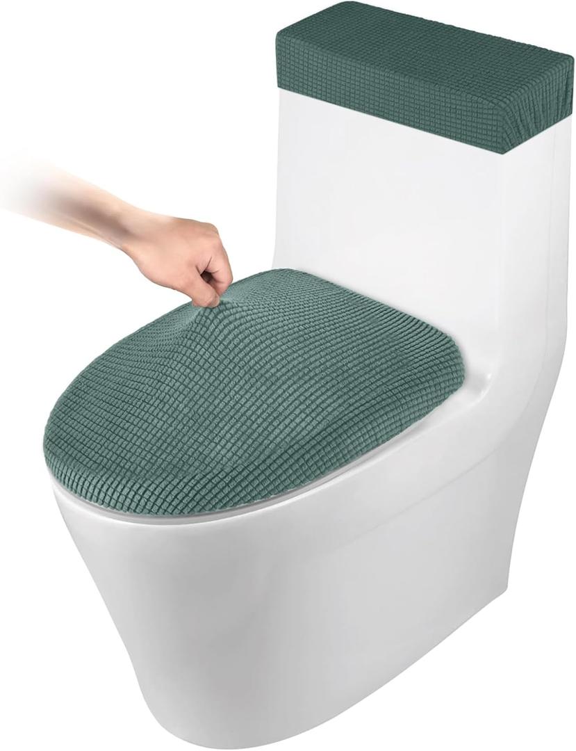 Toilet Lid Cover and Toilet Tank Cover Stretch Toilet Covers Set for Bathroom, Polyester Spandex Jacquard Fabric, Machine Washable, with Elastic Bottom, Sage Green