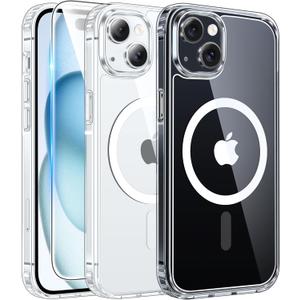 FNTCASE for iPhone 15 Case Clear: iPhone 14/13 Case Magnetic Phone Cases with Screen Protector Compatible with Magsafe Slim Anti Yellowing Rugged Protective Transparent Cell Cover (A-Clear)