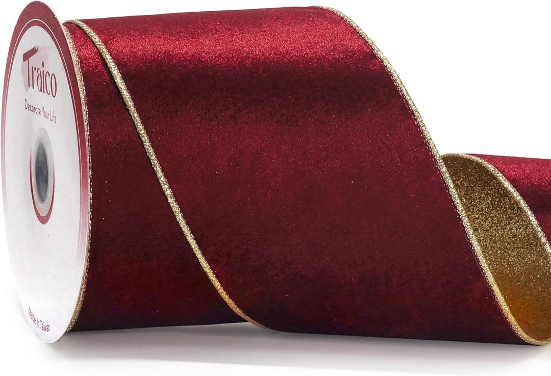 4" Burgundy Velvet Gold Glitter Backing Wired Ribbon 10 Yards for Christmas Wedding Wreath Gift Wrapping Home Dcor DIY