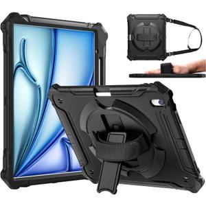 ZtotopCases for New iPad Air 13 inch Case (M3 2025/M2 2024) with Pencil Holder, Shockproof Full Body Drop Protective Cover with 360 Rotating Hand Strap & Stand, Black