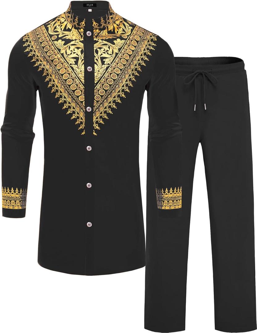 Mens African 2 Piece Set Metallic Traditional Suit Gold Stamp Printed African Dashiki Shirt and Pants Outfit (Large, Black)